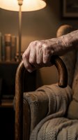 Senior man holding wooden cane while sitting in armchair under warm lamp light, depicting aging, mobility assistance, retirement lifestyle, and home comfort for healthcare and wellness content.
