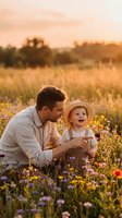 Father and toddler son bonding in wildflower meadow during golden hour sunset, family outdoor lifestyle moment with warm natural lighting.