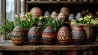 Decorative Easter eggs with traditional Ukrainian Pysanka patterns displayed in a row with spring flowers and green plants growing from them on rustic wooden shelf.