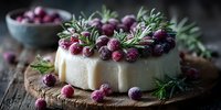 Festive cheesecake topped with frosted cranberries and fresh rosemary sprigs on wooden board, creating elegant holiday dessert.