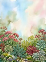 Watercolor succulent garden border with pastel sky background for botanical designs, wedding invitations, greeting cards and nature-themed projects.