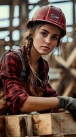 Young female construction worker in red hard hat and plaid shirt rests on wooden beams at construction site. Natural lighting creates atmospheric industrial scene.