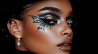 Young woman with artistic butterfly wing eye makeup featuring glitter and rhinestones for Halloween costume party or fantasy photoshoot on black background.