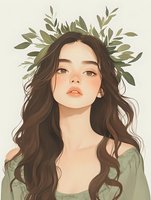 Young Asian woman with long dark wavy hair wearing olive green dress and leaf crown, digital art portrait in soft muted colors with delicate features and coral lips.