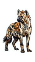 Spotted hyena with brown and black markings standing in profile on white background, isolated clipart suitable for wildlife education, t-shirt design, and print materials.