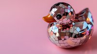Metallic mirror disco ball rubber duck with reflective mosaic surface on pink background. Creative modern design concept for party decoration and fun.