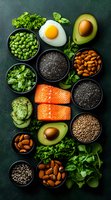 Fresh healthy food composition with salmon, avocado, nuts, eggs, seeds, and greens on dark green background. Clean eating and superfood concept.