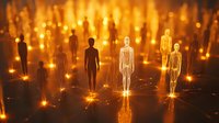 Glowing human silhouettes connected by light streams on dark reflective surface, creating network of illuminated figures in golden warm atmosphere.