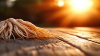 Fresh ginseng root on rustic wooden surface in warm sunset lighting, macro view showing natural texture and medicinal properties.