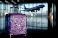 Purple floral patterned luggage in airport terminal with airplane taking off through window, travel concept for vacation and tourism.