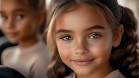 Young mixed race girl with bright blue eyes and long dark hair smiling warmly at camera, natural soft lighting creates gentle portrait atmosphere.