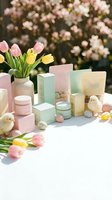 Easter cosmetic products display with pastel packaging, tulips, decorative eggs and fluffy chicks on white table against blooming spring background.
