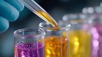 Laboratory scientist in blue gloves pipetting yellow liquid into glass test tube, with pink and golden solutions in background showing chemical research process.