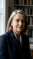Senior Caucasian woman with gray hair in dark blazer smiling confidently in home library office setting for professional business portrait.