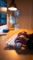 Futuristic workspace with holographic brain interface, coding displays and transparent keyboard for AI development and neural network programming concepts.