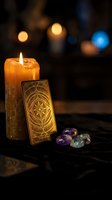 Mystical tarot card reading setup with burning candle and healing crystals on dark wooden table creating atmospheric fortune telling scene.