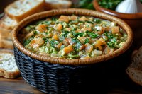 Hearty vegetable soup with fresh herbs, beans and pasta served in rustic woven basket bowl on wooden table with crusty bread slices for cozy dinner.