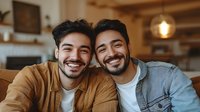 Two happy young men embracing and smiling warmly in cozy modern living room with rustic wooden beams and soft lighting for friendship and lifestyle content.