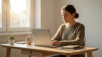 Young professional woman working on laptop at wooden desk in bright home office with natural sunlight streaming through window.