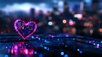 Glowing neon heart shape with sparkles against blurred city nightscape background, reflecting on wet surface with bokeh lights and romantic atmosphere.