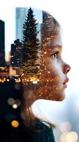 Double exposure profile of young woman merged with illuminated cityscape and neural network pattern, representing artificial intelligence and urban connectivity.