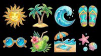 Tropical summer beach elements collection isolated on transparent background, ready for t-shirt design, clipart, stickers, sublimation and print-on-demand products.