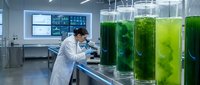 Female scientist in white lab coat examining green algae samples in modern biotechnology laboratory for sustainable energy research.