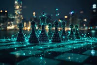 Digital chess pieces glowing in cyan light against blurred city nightscape, representing strategy and artificial intelligence in modern business world.