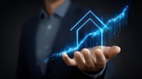 Professional businessman holding glowing blue house icon with rising graph, representing real estate market growth and property investment success on dark background.