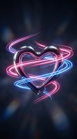 Glowing neon heart with pink and blue light trails swirling around chrome metallic heart shape on dark blurred background for romantic designs.