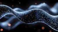 Glowing blue wave pattern with sparkling particles and bokeh effects on dark background creates mesmerizing abstract design for technology concepts.