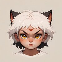 Stylized portrait of young character with white hair, cat ears, golden eyes and determined expression against neutral background. Fantasy art concept.