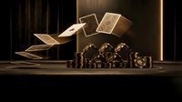 Playing cards floating above poker chips in dramatic golden lighting creating luxury casino atmosphere for gambling entertainment design.