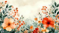 Delicate watercolor floral composition with orange poppies, peach blossoms and sage green leaves on soft beige background, creates romantic botanical arrangement.