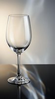 Empty wine glass on reflective surface with elegant lighting and soft background blur for dining and beverage concepts.