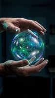 Human hands protecting glowing digital earth sphere with circuit board patterns and blue green light effects representing global technology innovation.