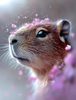 Close-up portrait of brown hamster with bright blue eyes surrounded by falling pink cherry blossom petals against soft blurred background, magical spring mood.