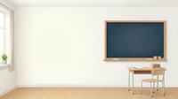 Minimalist classroom interior with wooden desk, chair, and chalkboard on white wall, suitable for educational content and school design projects.