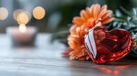Red heart shaped glass ornament with orange gerbera daisy on wooden surface. Romantic bokeh lights and candle create soft dreamy atmosphere for Valentine's day or anniversary.