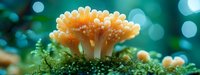 Vibrant orange coral polyps with delicate tentacles extending from green base, underwater marine life scene with soft bokeh background lighting effects.