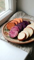 Colorful sliced root vegetables including sweet potato, purple potato and radish arranged on rustic ceramic plate by window for healthy cooking preparation.