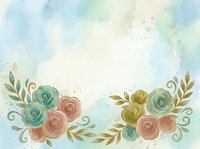 Soft watercolor floral background with teal, pink, and olive roses, golden leaves, perfect for wedding cards, invitations, and scrapbooking projects.