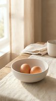 Fresh brown eggs in white ceramic bowl on rustic wooden table with soft natural window light creating warm morning kitchen atmosphere.