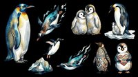 Watercolor penguin clipart set with emperor, baby, and diving penguins isolated on transparent background. Great for stickers, t-shirt design, and print on demand.