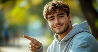 Young Mediterranean man with curly dark hair and facial stubble wearing gray hoodie points and smiles confidently at camera against blurred natural background with bokeh effect.