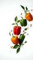 Fresh colorful bell peppers with water splashes and green leaves on white background for healthy cooking and nutrition concepts.