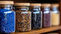 Glass jars filled with colorful quinoa, grains and seeds on wooden shelf in pantry storage. Natural organic food ingredients in sustainable containers.