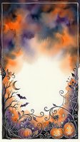 Halloween watercolor frame with pumpkins, bats, spider webs and ornate swirls creating spooky autumn border for seasonal designs and party invitations.