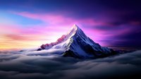 Majestic snow-capped mountain peak rising above misty clouds during dramatic purple and pink sunset sky, creating ethereal alpine landscape atmosphere.