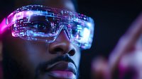 Young African American man wearing futuristic digital glasses with glowing blue interface reflections and neon pink lighting effects in dark environment.